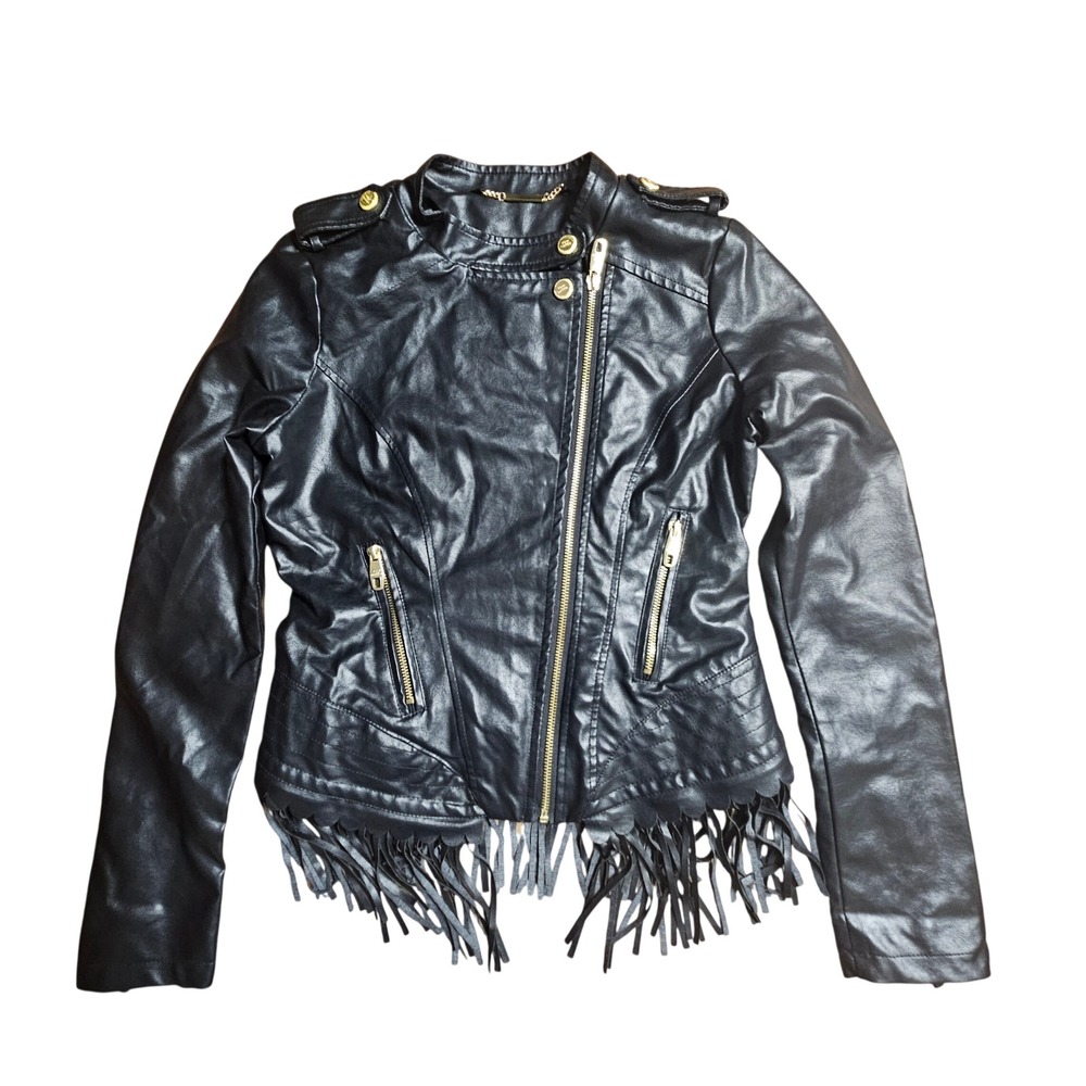 Steve Madden Womens Faux Leather Fringe Asymmetric Moto Jacket Gold Zip S Biker